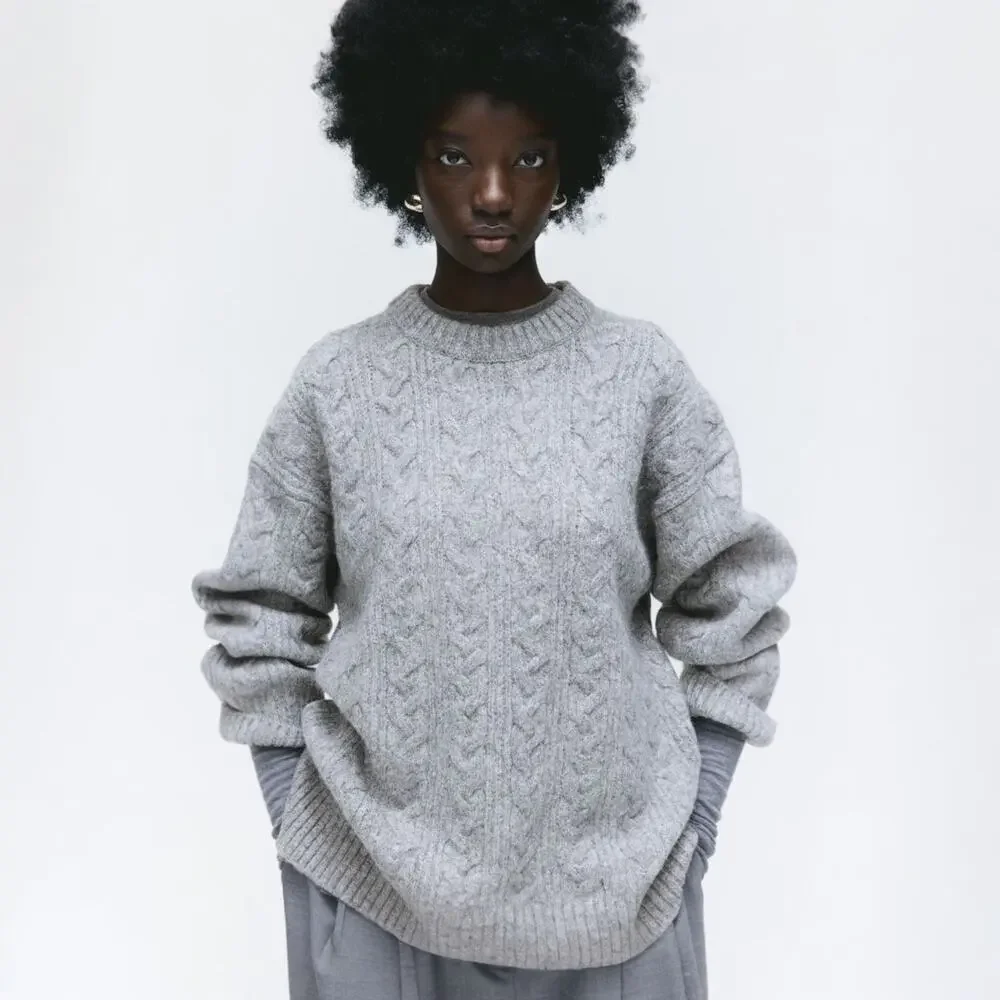 H&M Oversized Cable Knit Boxy Fit Jumper Sweater in Gray Size XL